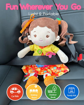 LeyaDoll Busy Doll machine-washable fabric for easy cleanup.