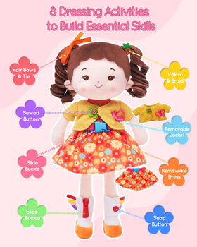 LeyaDoll Busy Doll shoelace detail aiding knot-tying skill development.