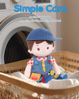 LeyaDoll learning sensory doll with buttons and zippers to boost fine motor skills.