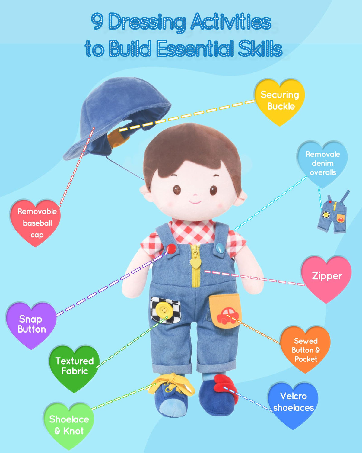 LeyaDoll Montessori-inspired toy for 2-year-olds with button-overalls.
