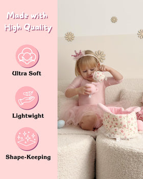 LeyaDoll pink lace basket keeps tea set pieces organized.