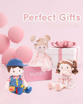 LeyaDoll plush doll with button-overalls for imaginative storytelling and comfort.