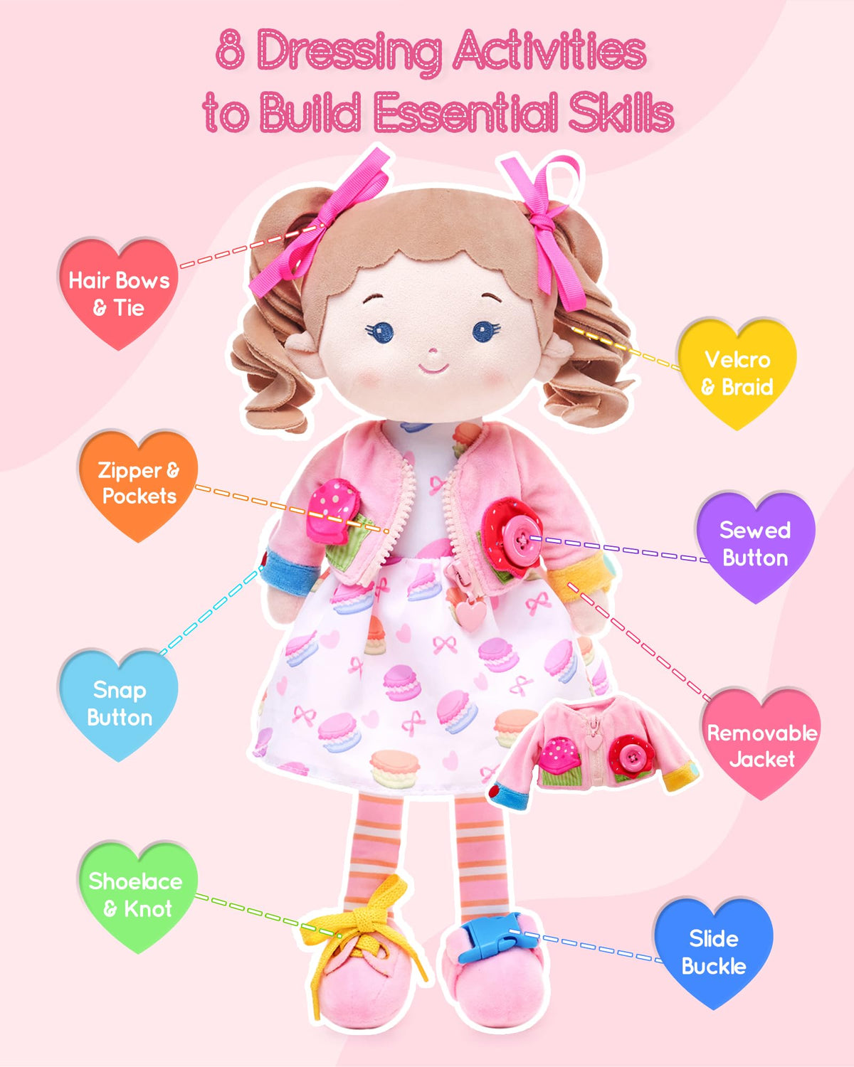 LeyaDoll busy doll buttons, zipper, bows promote fine motor practice during play
