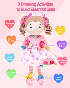 LeyaDoll busy doll buttons, zipper, bows promote fine motor practice during play