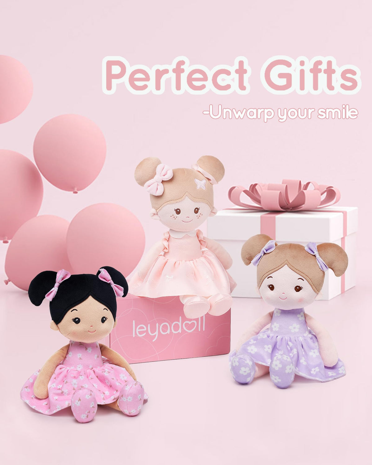 LeyaDoll FloraBelle Purple doll in pink gift box, ready for gifting.