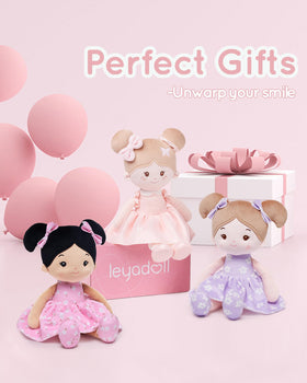 LeyaDoll FloraBelle Purple doll in pink gift box, ready for gifting.