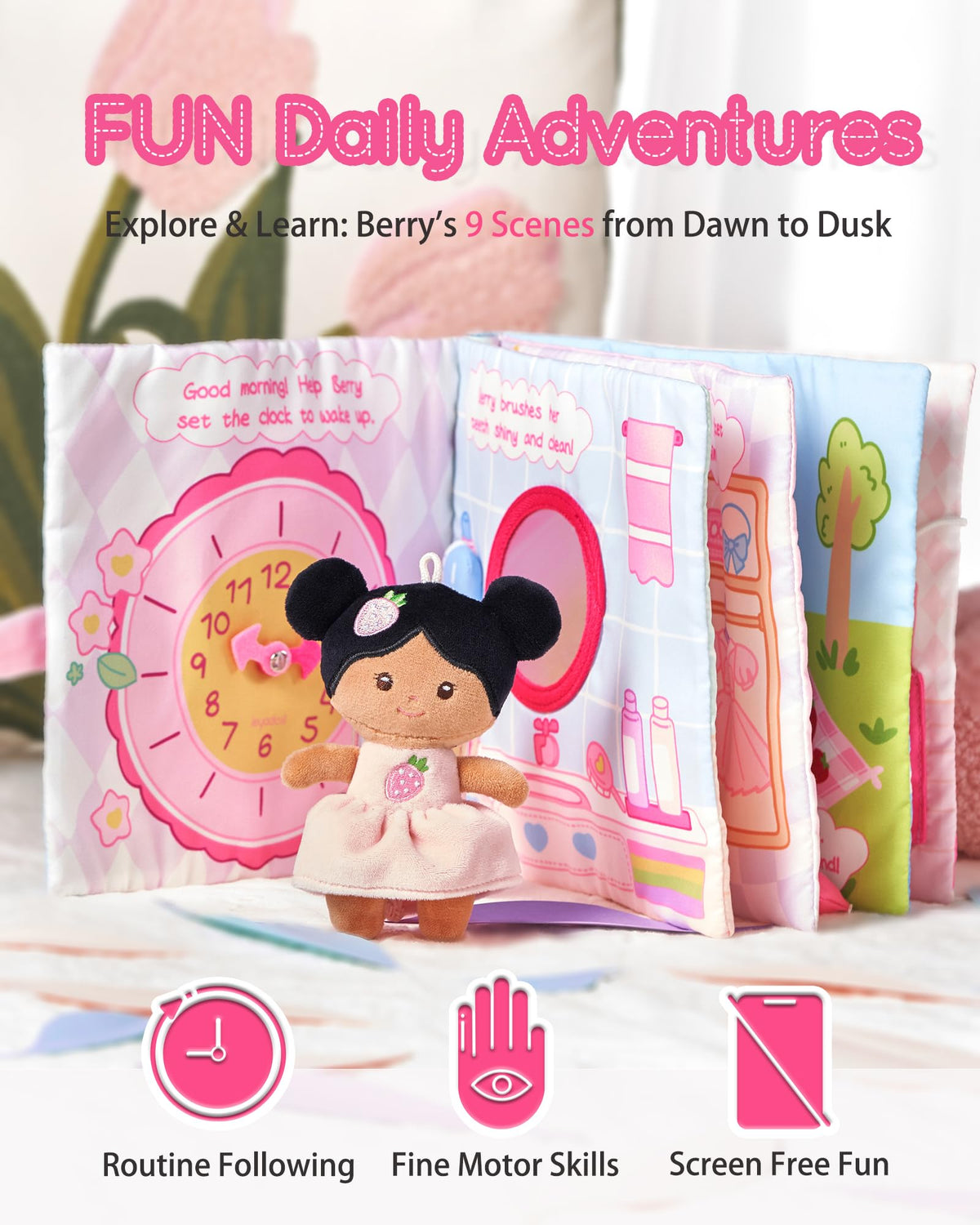LeyaDoll textured pages and crinkle sound spark sensory exploration for babies.