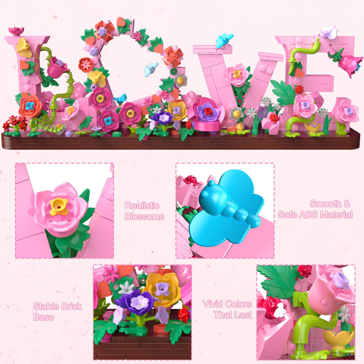 Leyic Love Heart Floral Building Kit on desk display enhances home or office.