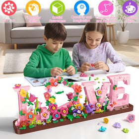 Leyic Love Heart Floral Building Kit pastel-pink bricks close-up, premium materials.