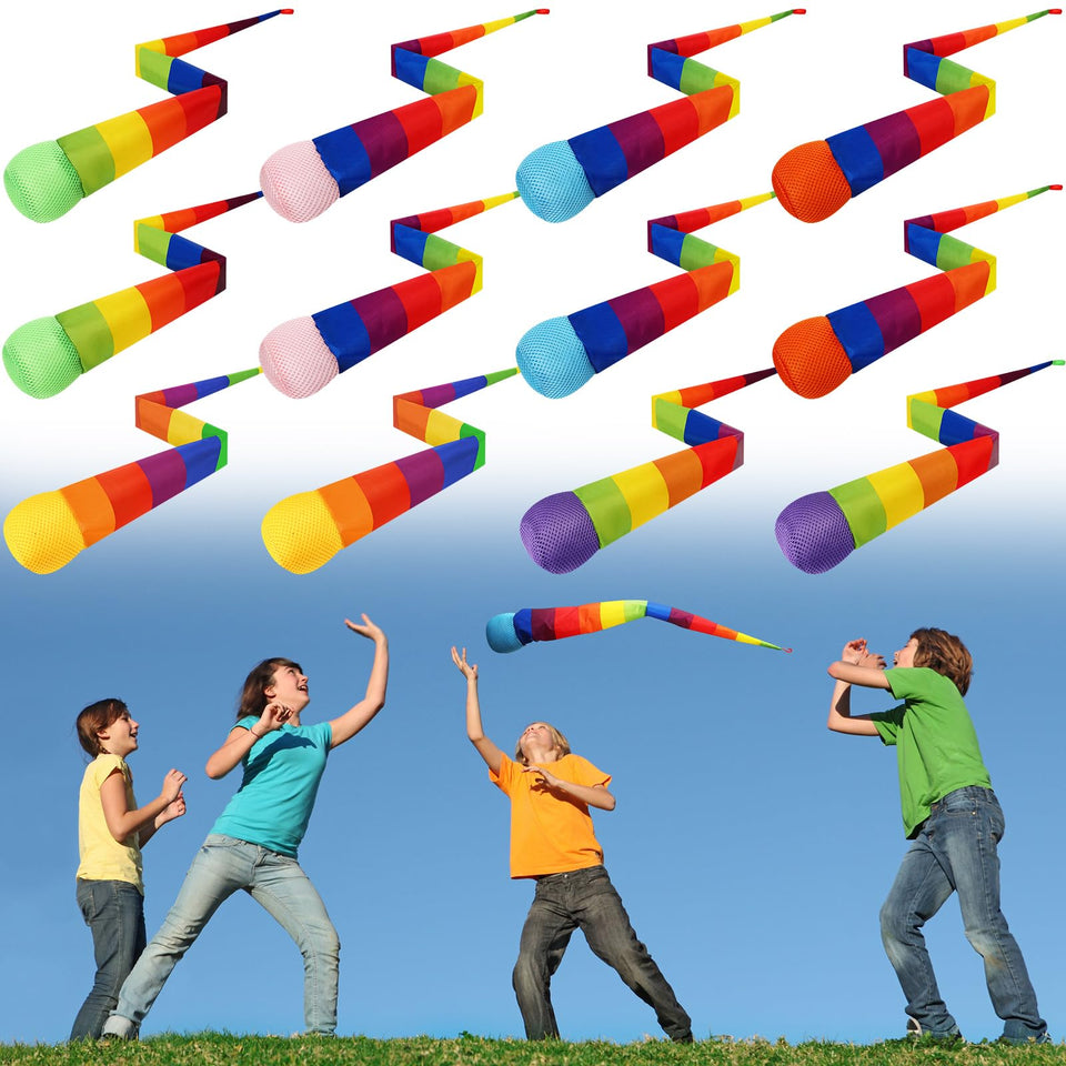 Leyndo 12-pack rainbow-tail throw and catch balls for family play.