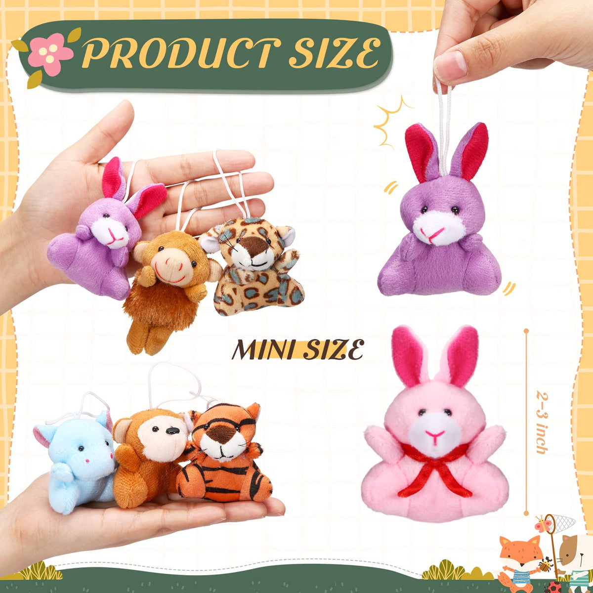 Leyndo tiny plush animals with hanging ropes suitable for backpack decor and gifts.