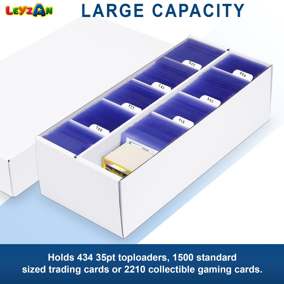 Leyzan six-pack storage supports MTG, Yu-Gi-Oh!, and sports cards for versatile organizing.