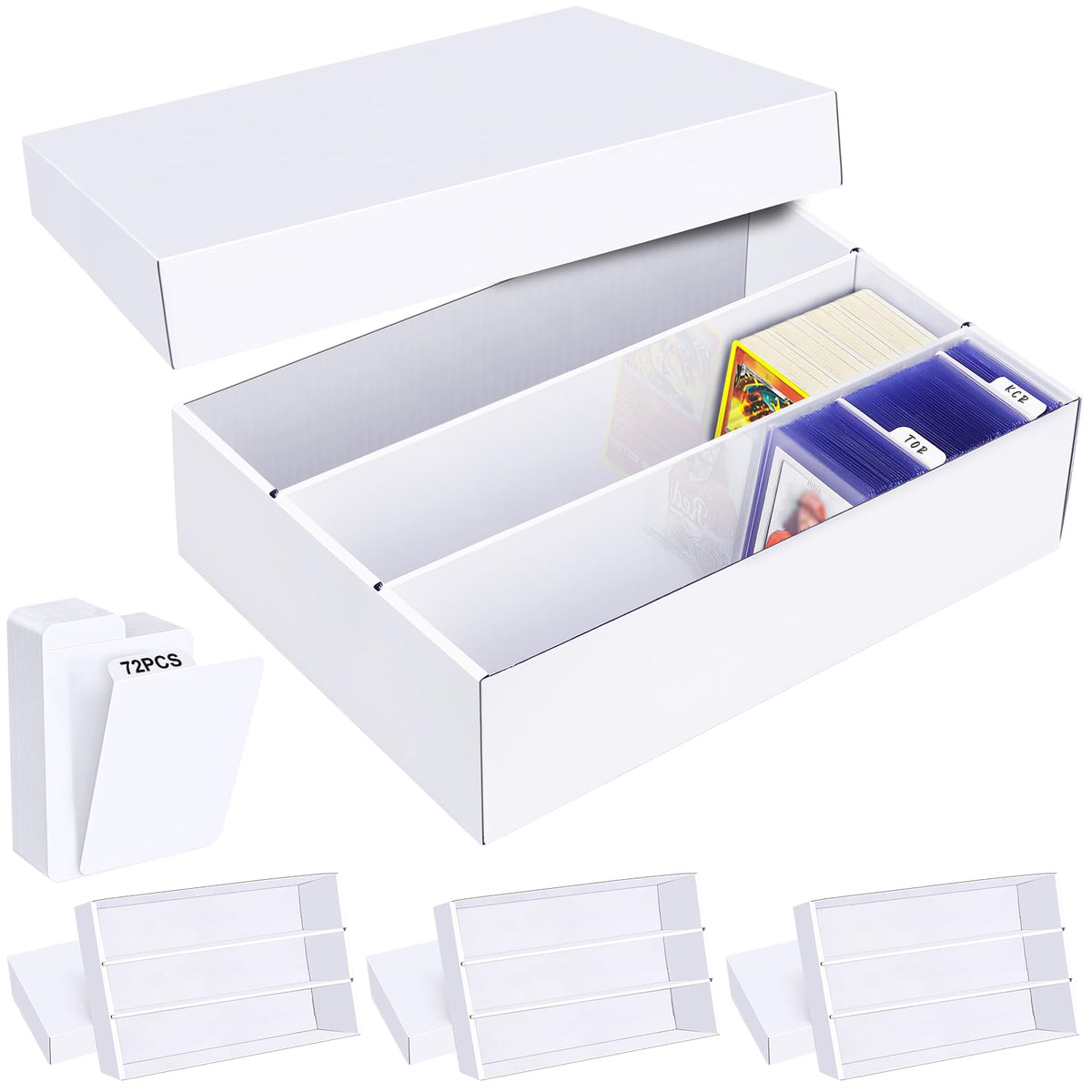 Leyzan 4-pack trading card storage box open with writable divider labels for easy sorting