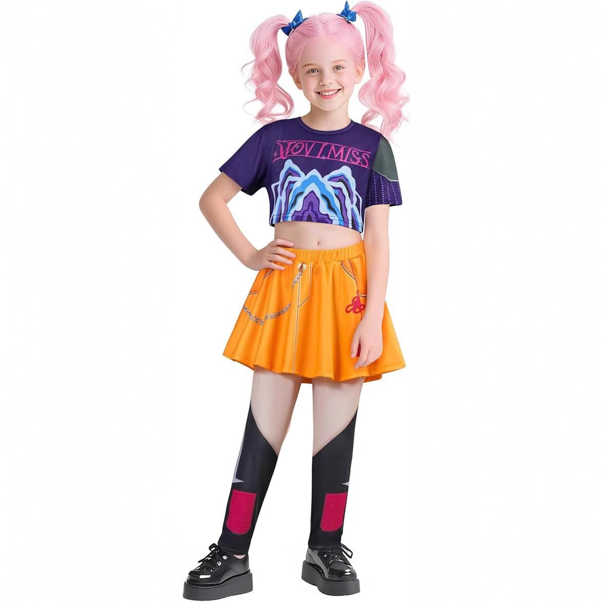 Lgandpg Mira costume: front view of T-shirt and pants with vivid prints for cosplay fun