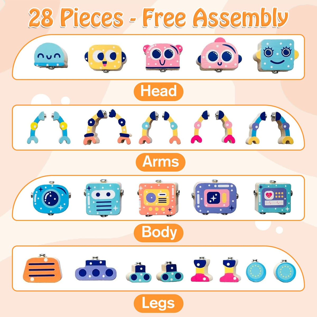 Liangding wooden robot bodies provide sturdy building base for kids.