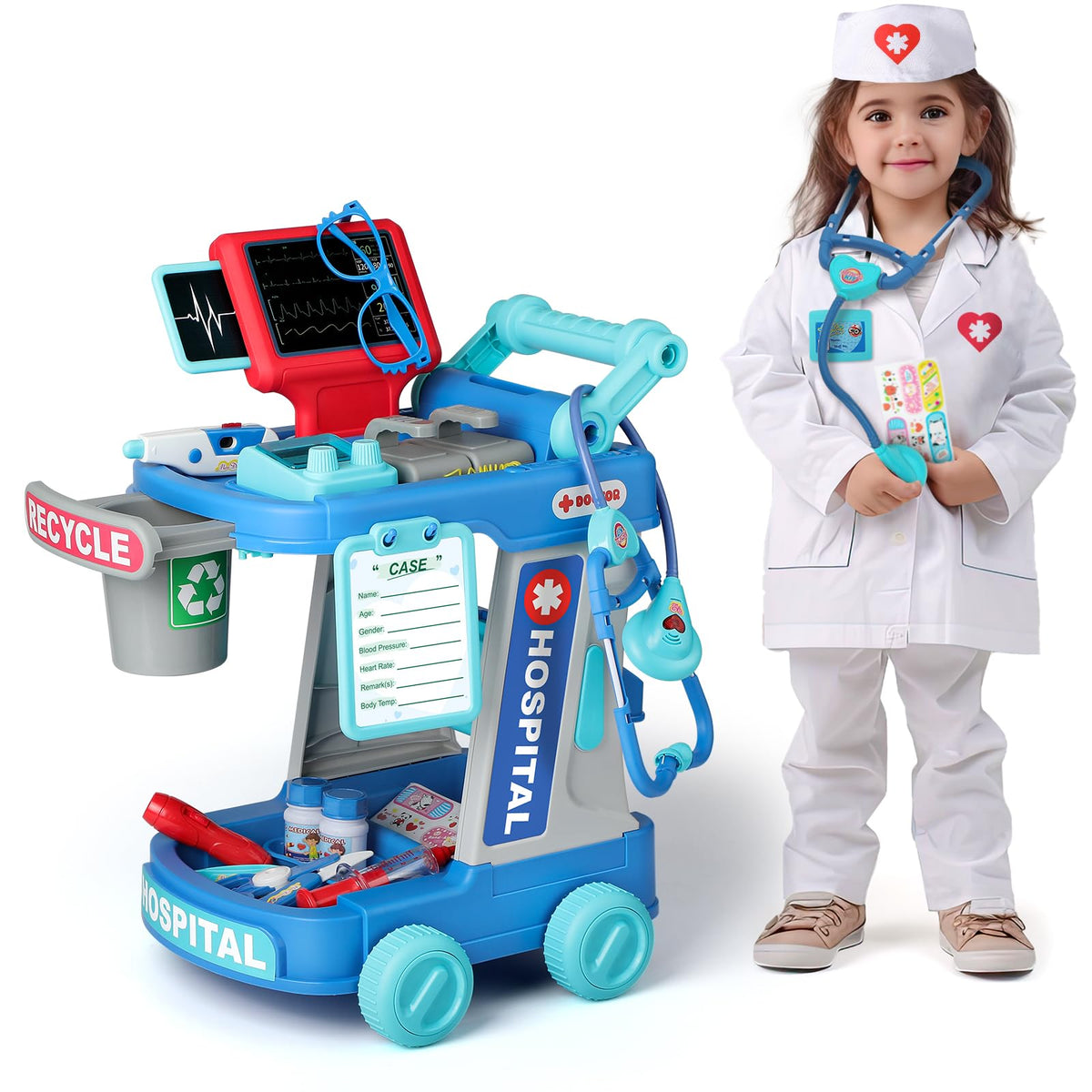 Liberry doctor cart green with lights for imaginative medical play