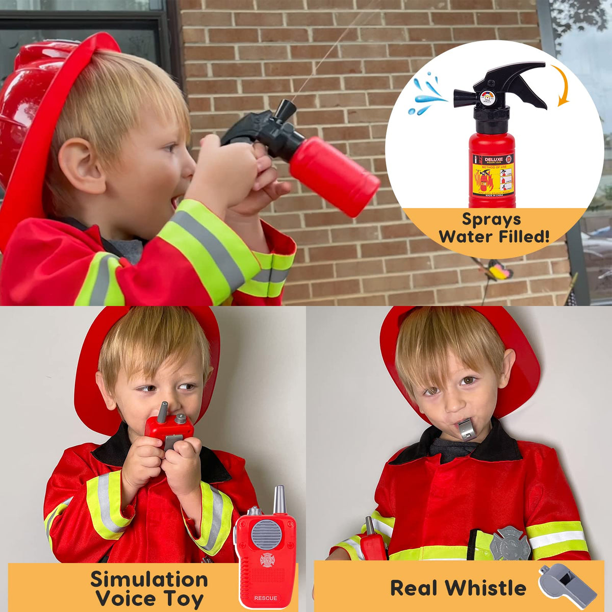 Liberry fire extinguisher toy with yellow hose promotes realistic role play and fine motor use.