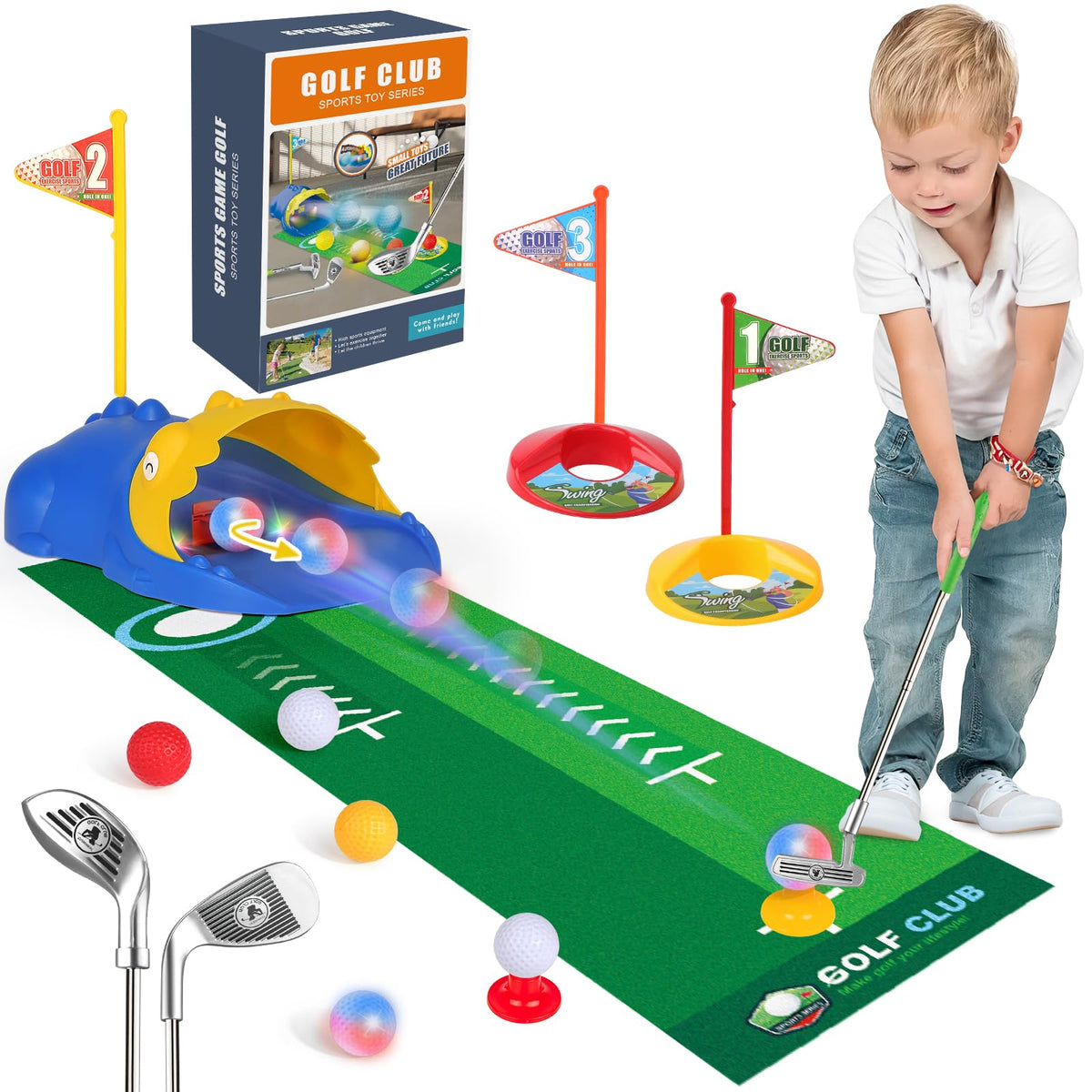 Liberry Kids Golf Set with dinosaur ball returner lighting up during play