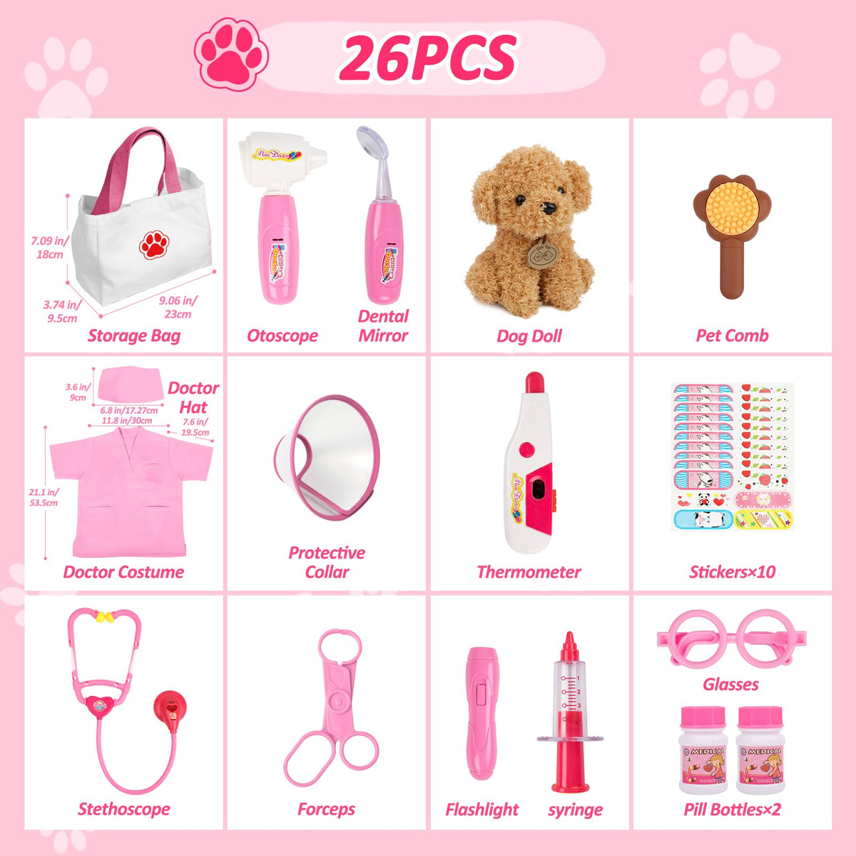 Liberry Pet care tools set supports fine motor skills during pretend visits.