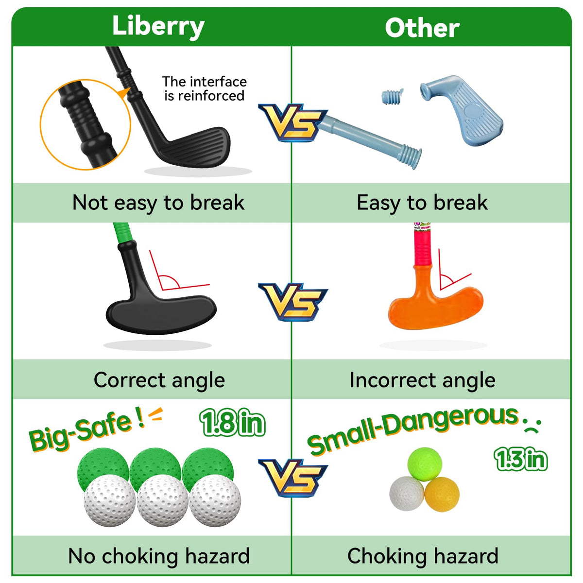 Three Liberry golf clubs designed for small hands with easy grip