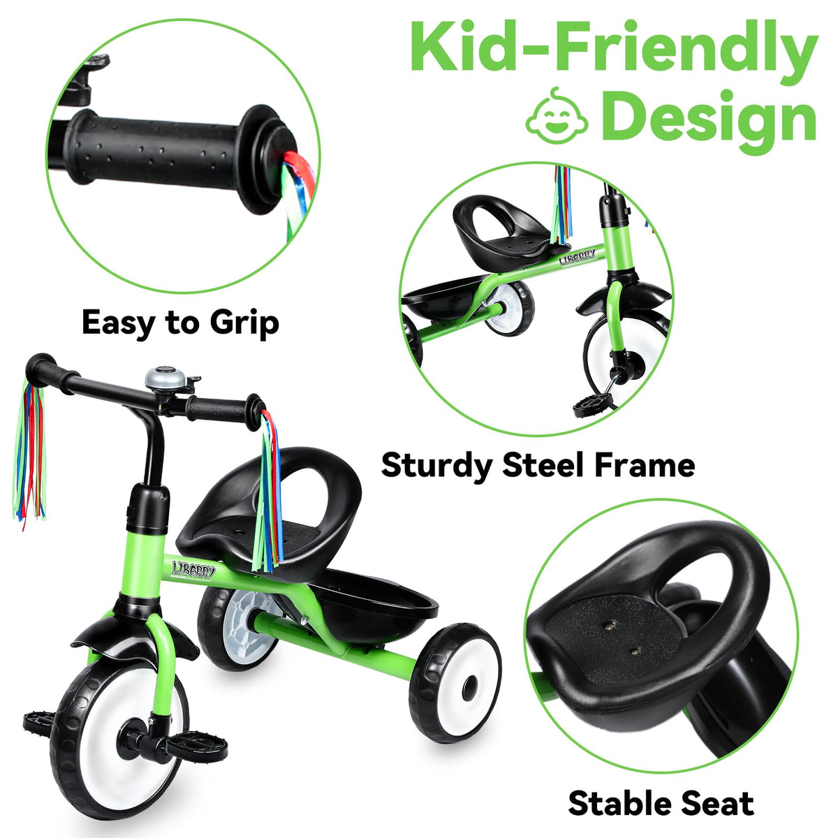 Liberry toddler tricycle green rear basket shot adds handy storage for small toys.