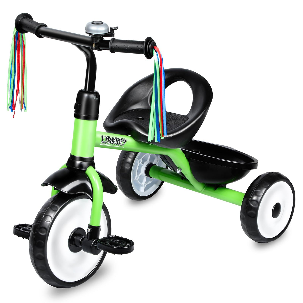Liberry toddler tricycle green side view showing balance development during outdoor play.