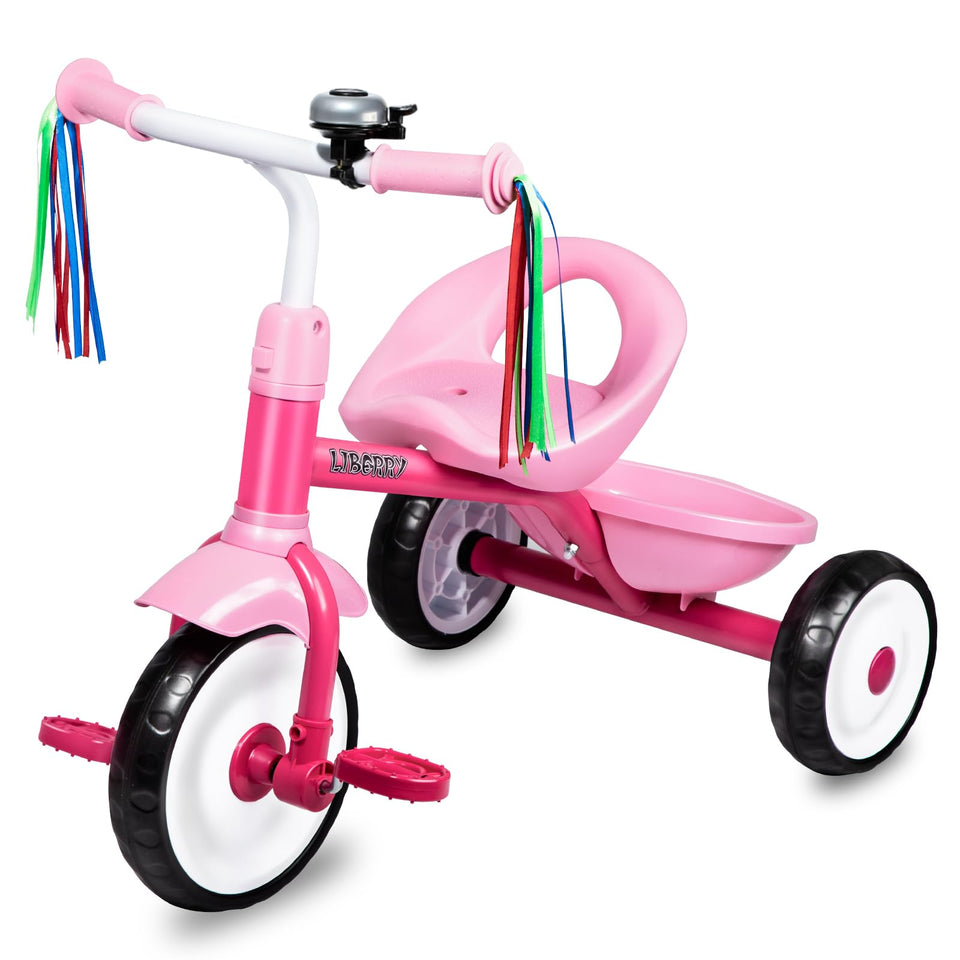 Liberry toddler tricycle pink side view shows sturdy, beginner-friendly ride.
