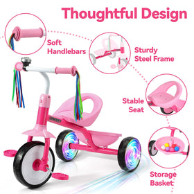 Liberry tricycle includes rear basket for storing toys and snacks.