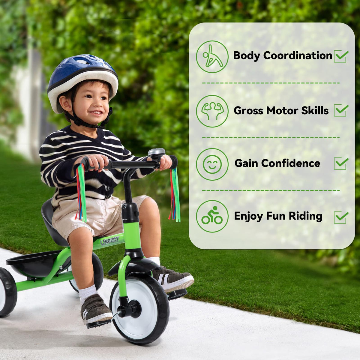 Liberry toddler tricycle removable pedal simplifies setup during transitions.