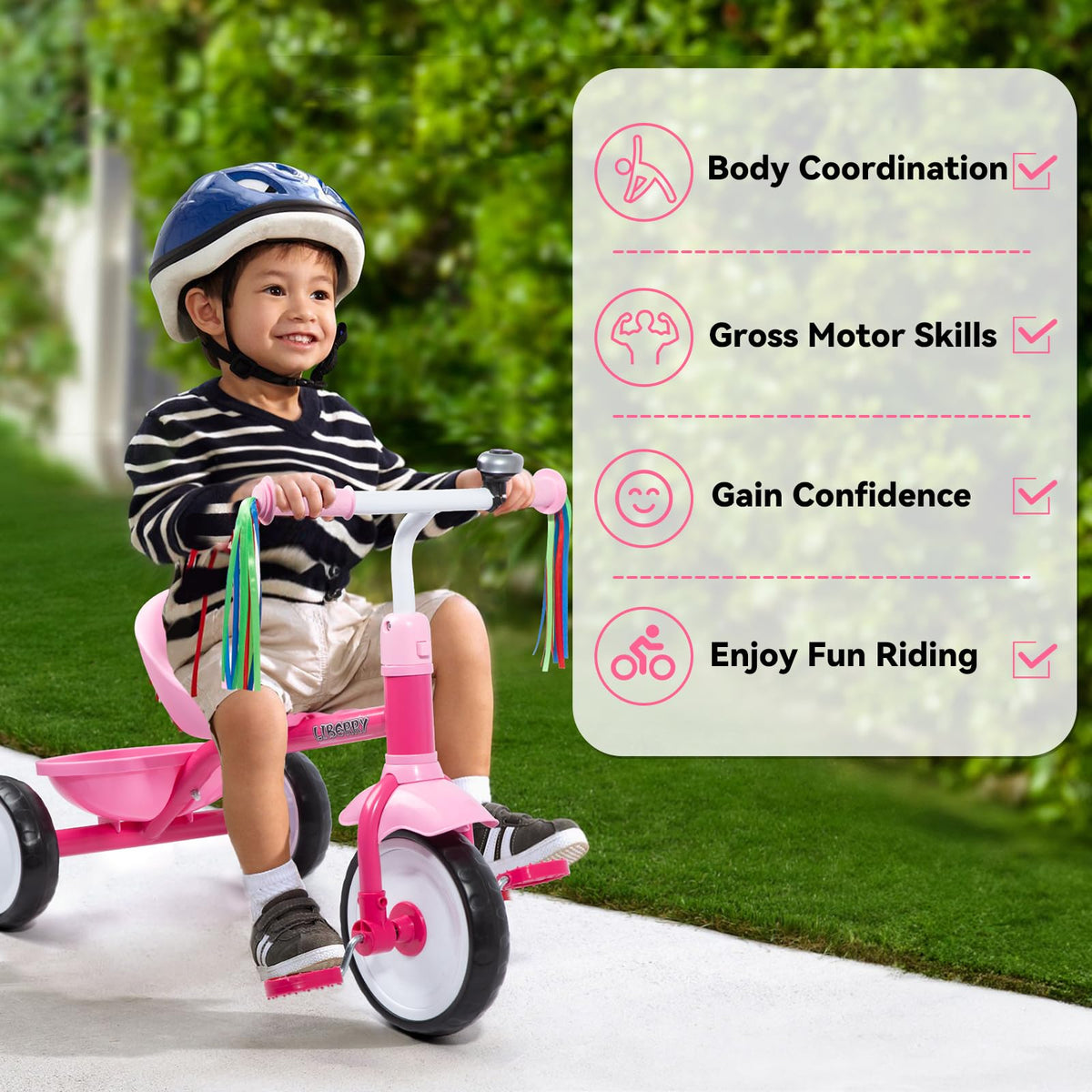 Liberry toddler tricycle three-wheel design demonstrates stable steering for new riders.