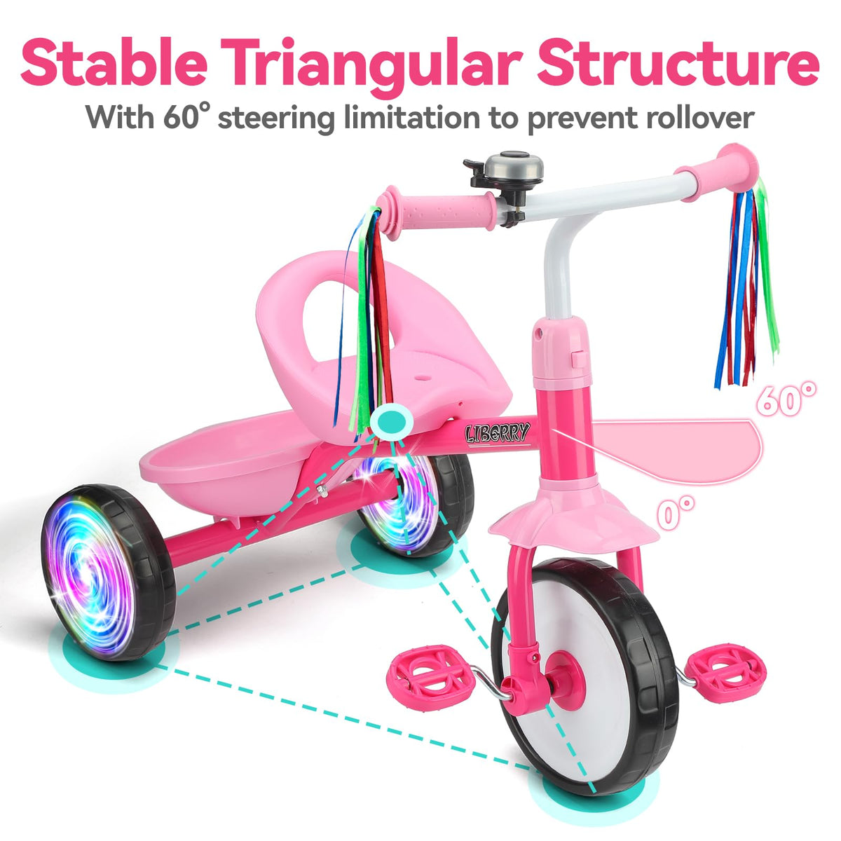 Liberry pink tricycle with wide seat and backrest for comfort.