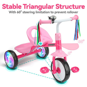 Liberry pink tricycle with wide seat and backrest for comfort.