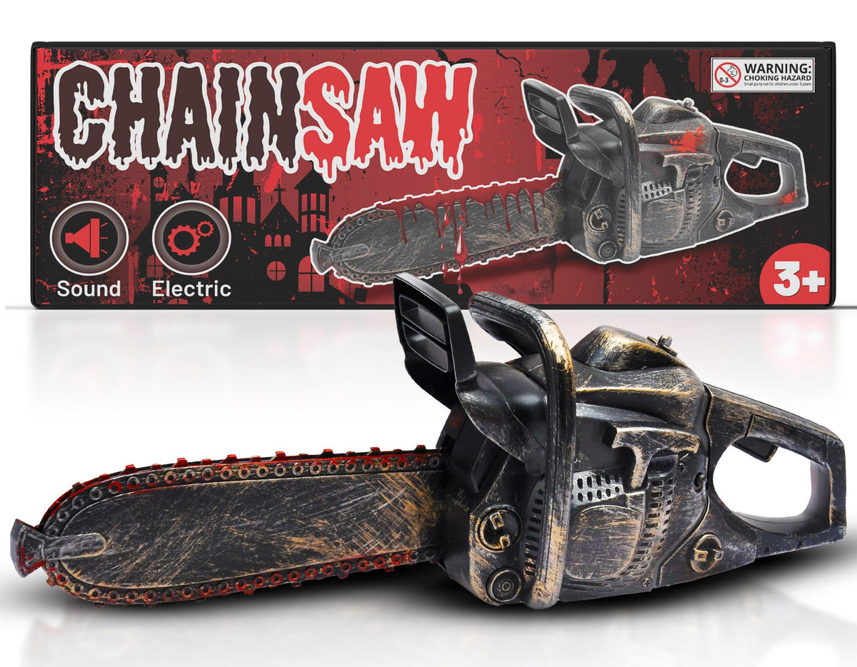 Liberty Imports 16-inch bloody rusty chainsaw with blood-streaked blade for Halloween decor.