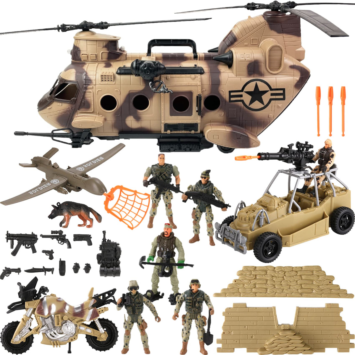 Liberty Imports 26pc army helicopter carrier toy with jumbo transport helicopter for imaginative play