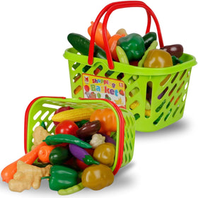 Liberty Imports 38-piece play food basket with colorful fruits and vegetables for pretend shopping.