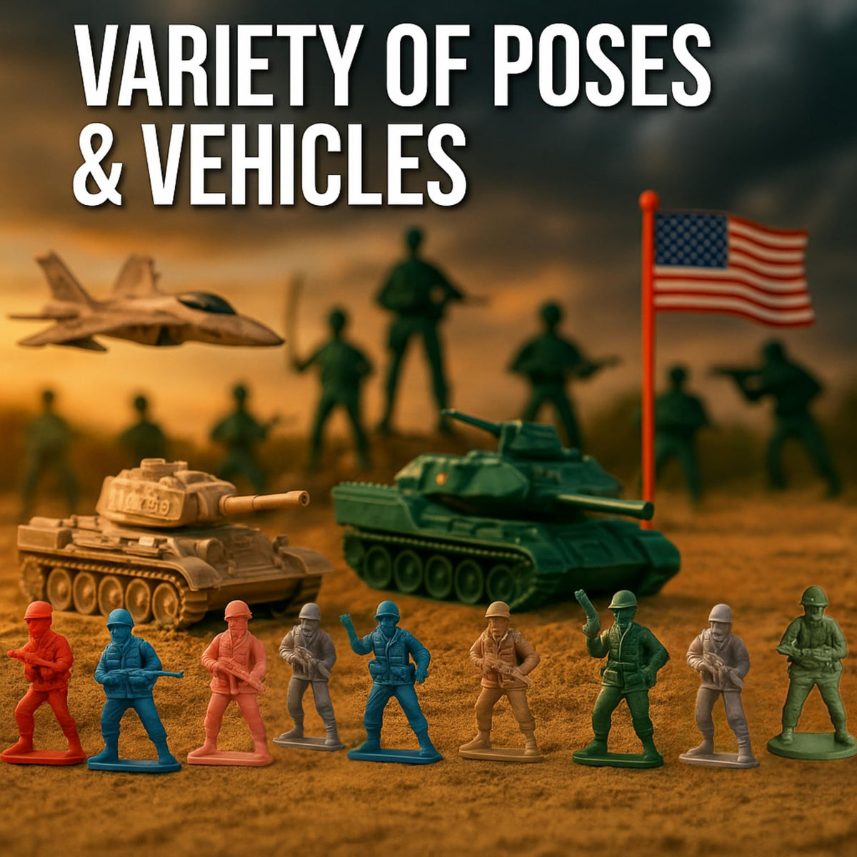 Liberty Imports Army Men flags and banners support immersive battlefield scenes.