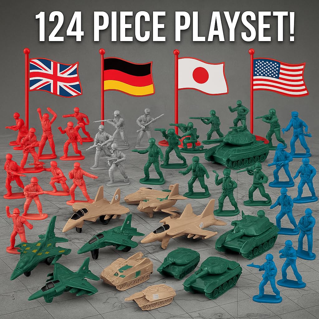 Liberty Imports Army Men tanks and planes, highlighting detailed vehicles for dynamic play.