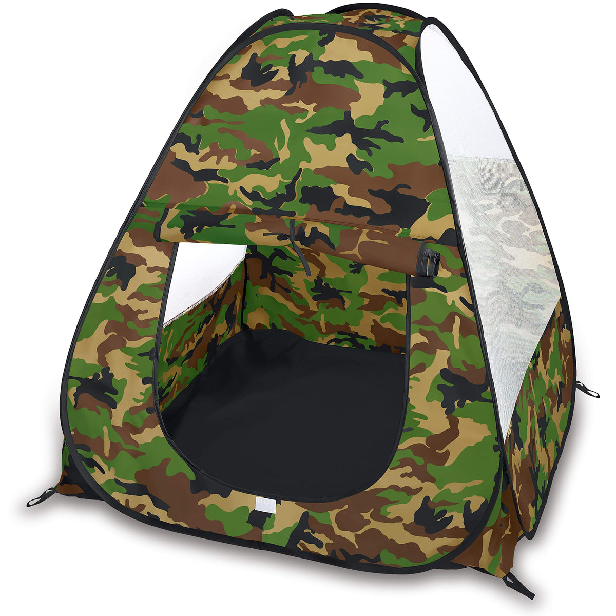 Liberty Imports camouflage pop-up tent, front view, quick outdoor setup for outdoor playtime.