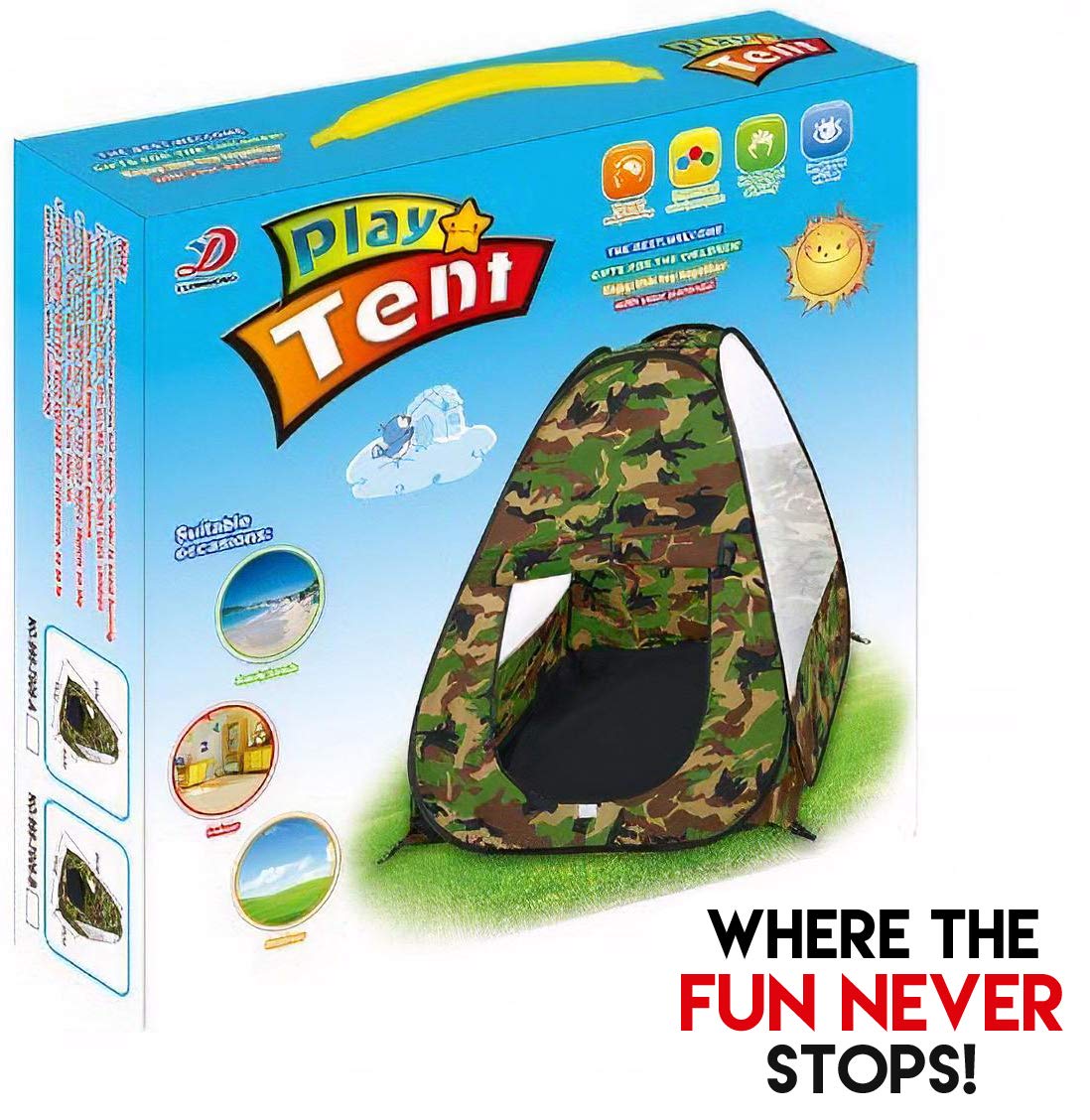 Liberty Imports camouflage pop-up tent, indoor play for creative storytelling and base building.
