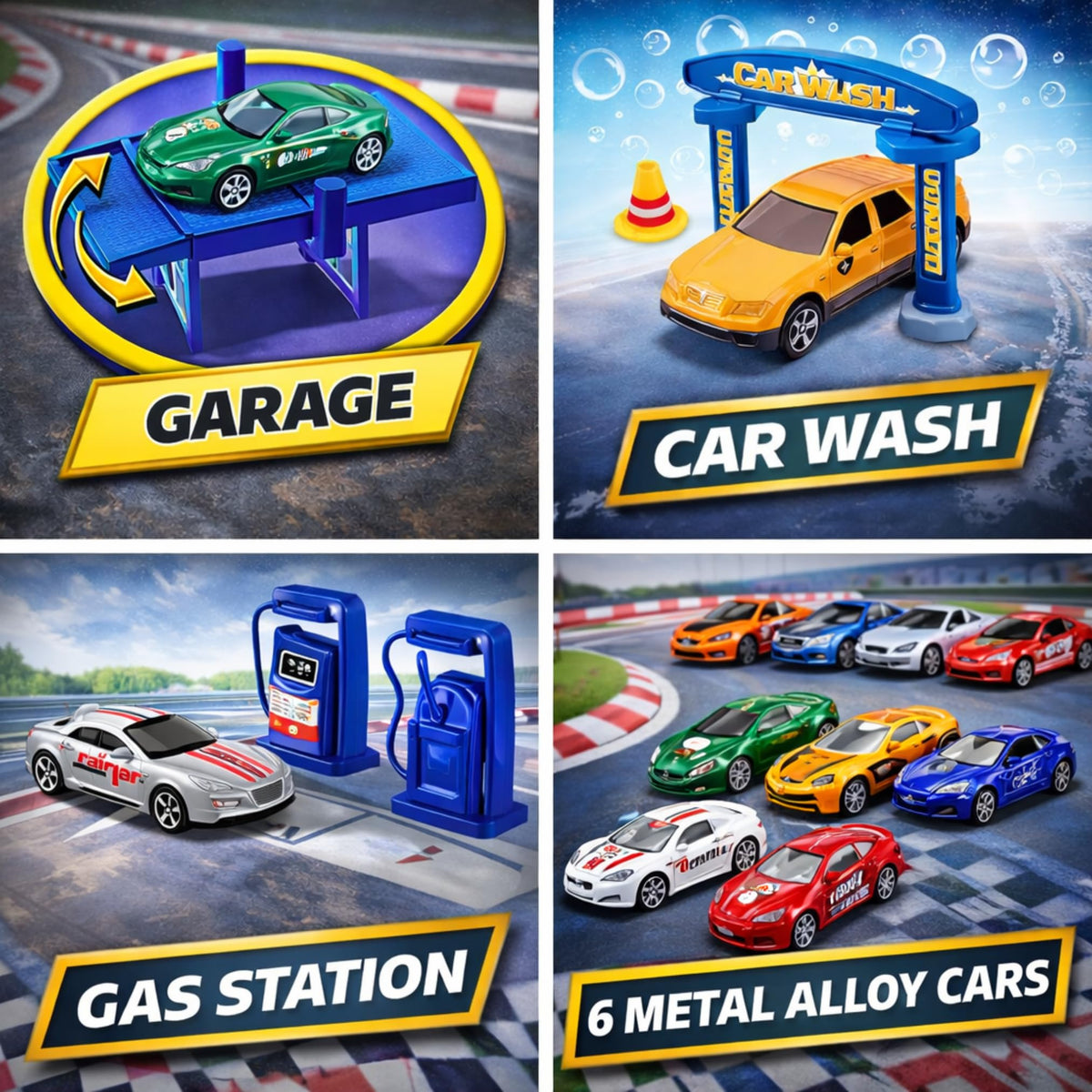 Liberty Imports car wash and garage lift add interactive features to play.