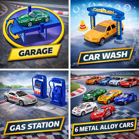 Liberty Imports car wash and garage lift add interactive features to play.