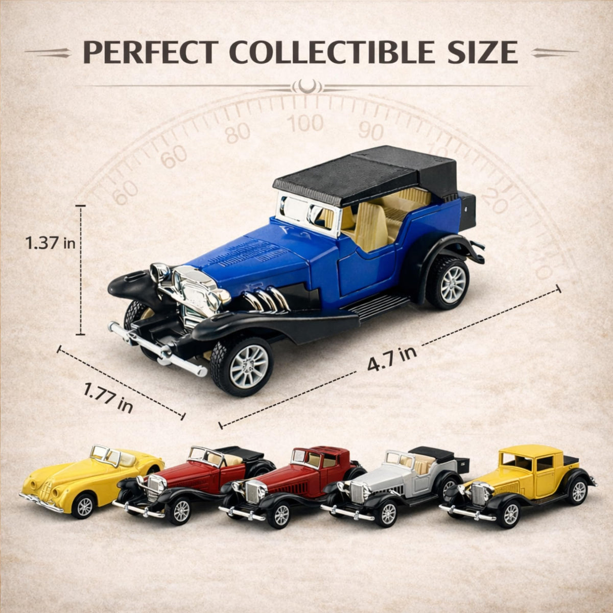 Liberty Imports vintage-styled cars with vivid colors for nostalgic display.