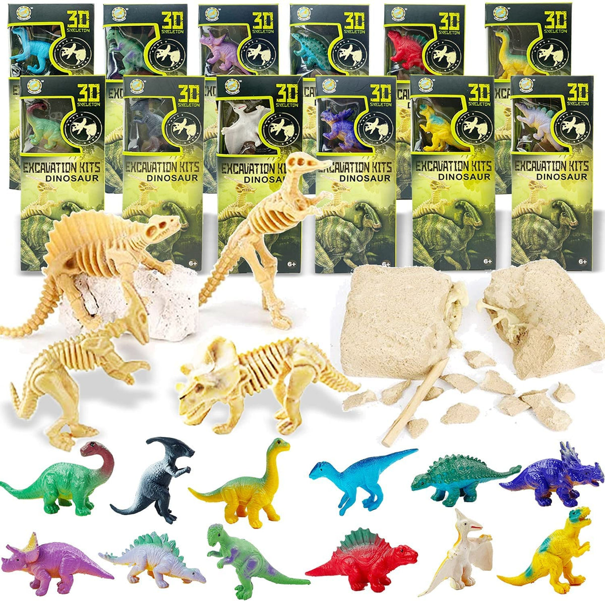 Liberty Imports dinosaur excavation kit 12-pack box reveals hidden fossils for hands-on learning.
