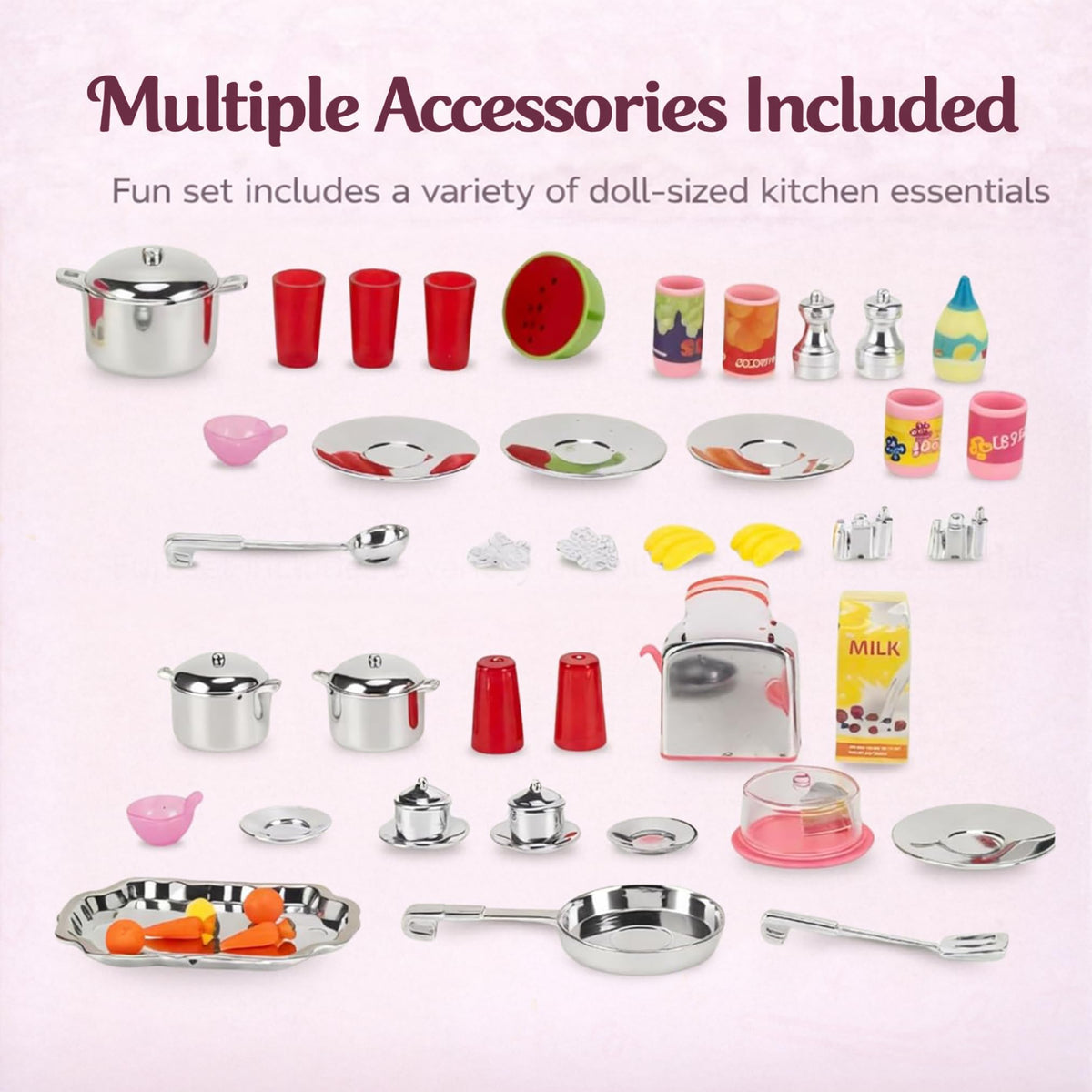 Liberty Imports doll kitchen playset open cabinets for organized pretend cooking.