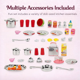 Liberty Imports doll kitchen playset open cabinets for organized pretend cooking.