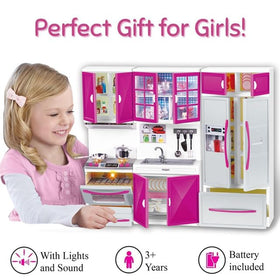 Liberty Imports doll kitchen playset pink compatible-with-barbie fits most 11-12 inch dolls.