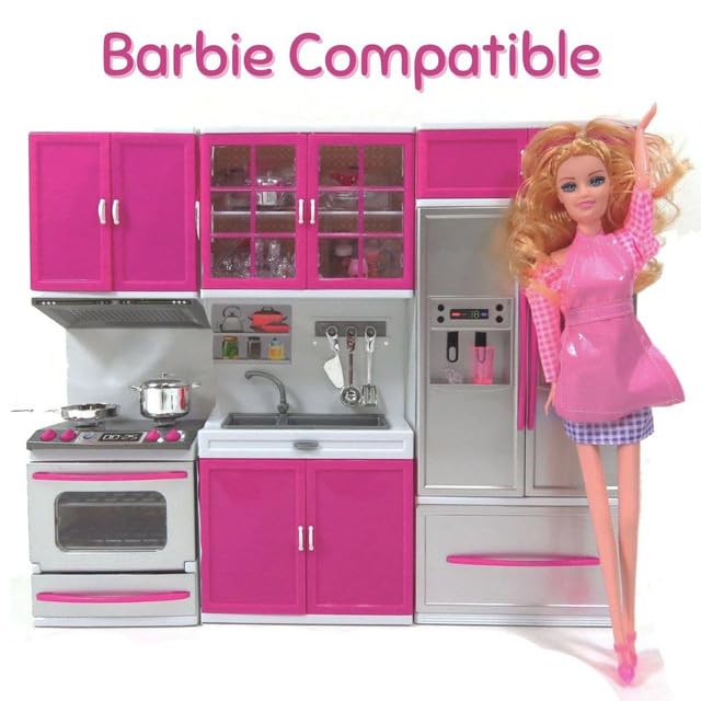 Liberty Imports doll kitchen playset pink cabinets-storage keeps tiny cookware neatly organized.