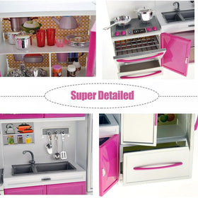 Liberty Imports doll kitchen playset pink microwave-light boosts immersive kitchen role play.