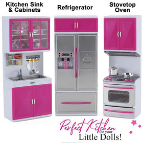 Liberty Imports doll kitchen playset pink open doors reveal organized storage in playtime.