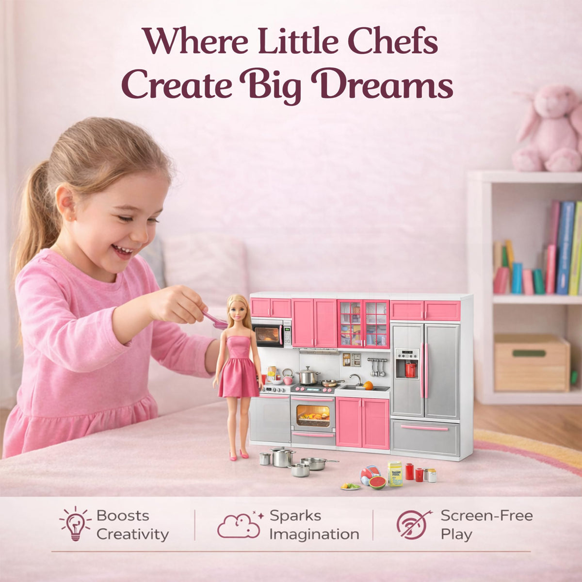 Liberty Imports doll kitchen playset storage shelves and pegs keep utensils tidy.